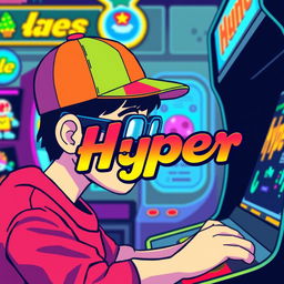A pixelated figure focused intently on a retro-style arcade game, with a vibrant color palette