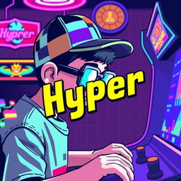 A pixelated figure focused intently on a retro-style arcade game, with a vibrant color palette