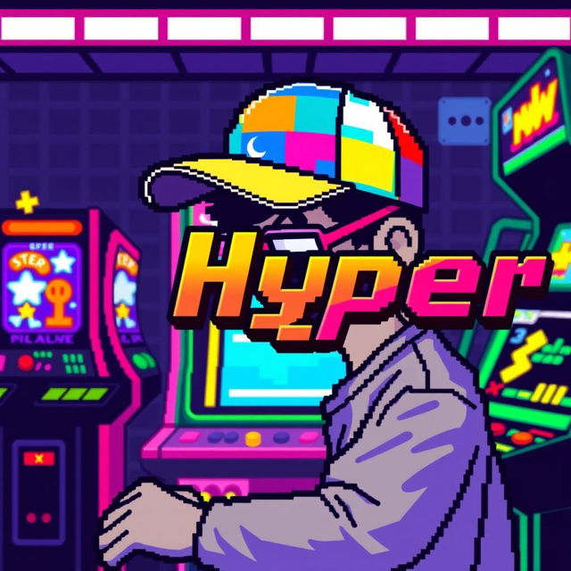 A pixelated figure focused intently on a retro-style arcade game, with a vibrant color palette