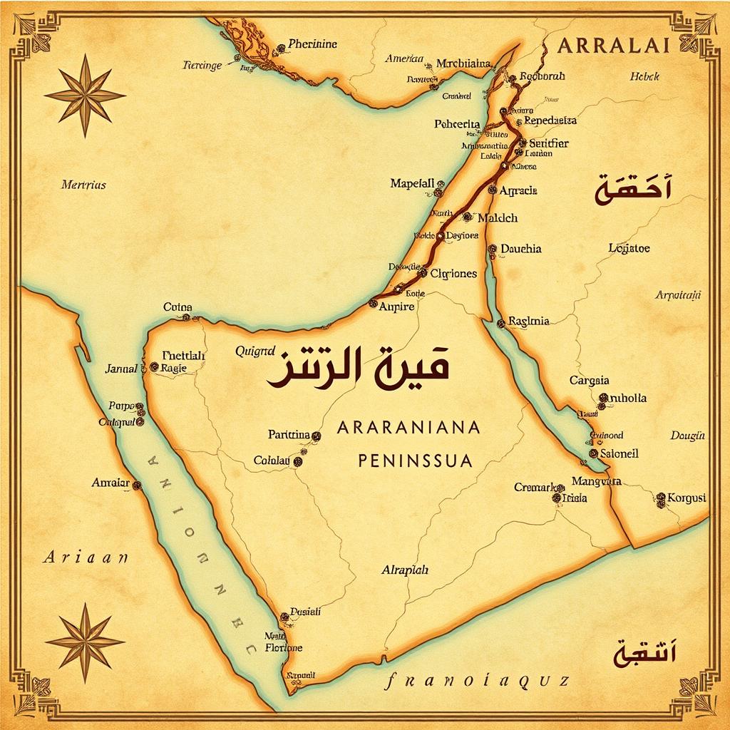 A vintage map illustration of the Arabian Peninsula featuring names in Arabic, beautifully detailed to show historical geographical features