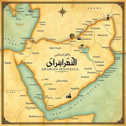 A vintage map illustration of the Arabian Peninsula featuring names in Arabic, beautifully detailed to show historical geographical features