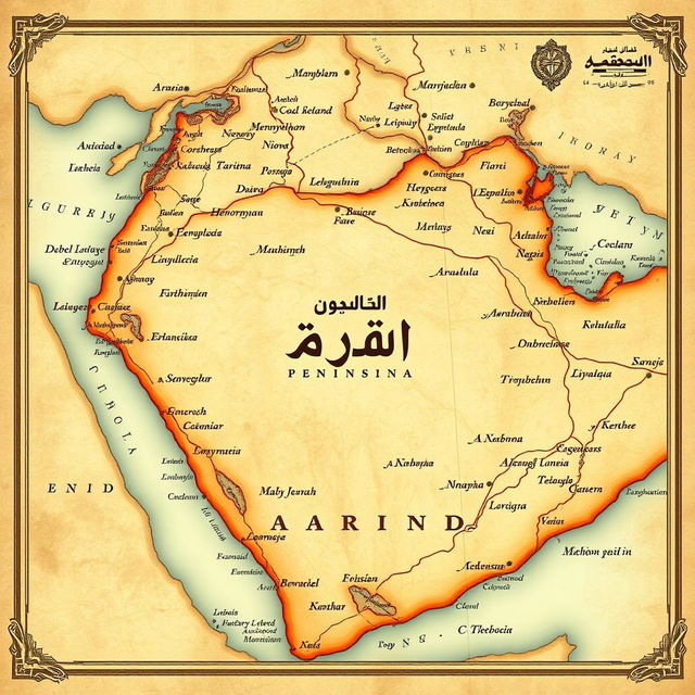 A vintage map illustration of the Arabian Peninsula featuring names in Arabic, beautifully detailed to show historical geographical features