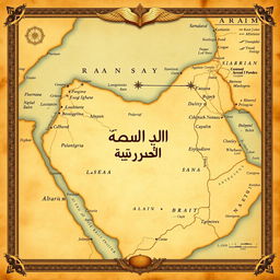 A vintage map illustration of the Arabian Peninsula featuring names in Arabic, beautifully detailed to show historical geographical features