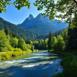 A picturesque mountain landscape featuring a serene river flowing through lush greenery
