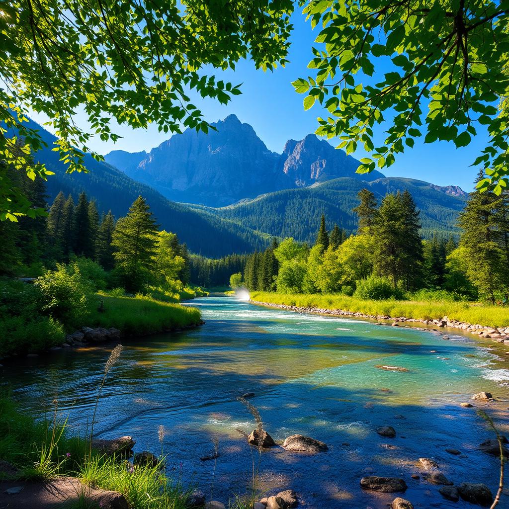 A picturesque mountain landscape featuring a serene river flowing through lush greenery