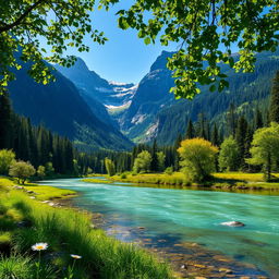 A picturesque mountain landscape featuring a serene river flowing through lush greenery