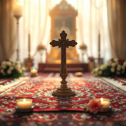 A serene religious object displayed in a beautifully adorned space