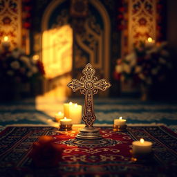 A serene religious object displayed in a beautifully adorned space