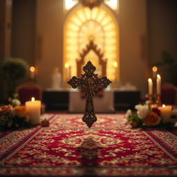 A serene religious object displayed in a beautifully adorned space