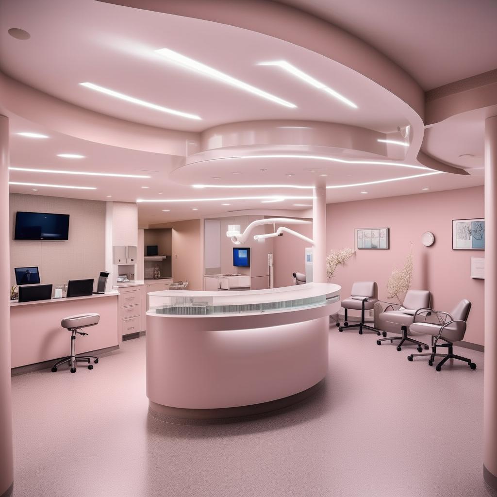 A state-of-the-art dental center boasting cutting-edge technology, an efficient layout with multiple treatment rooms, a spacious waiting area with comfortable seating, and a friendly reception area.