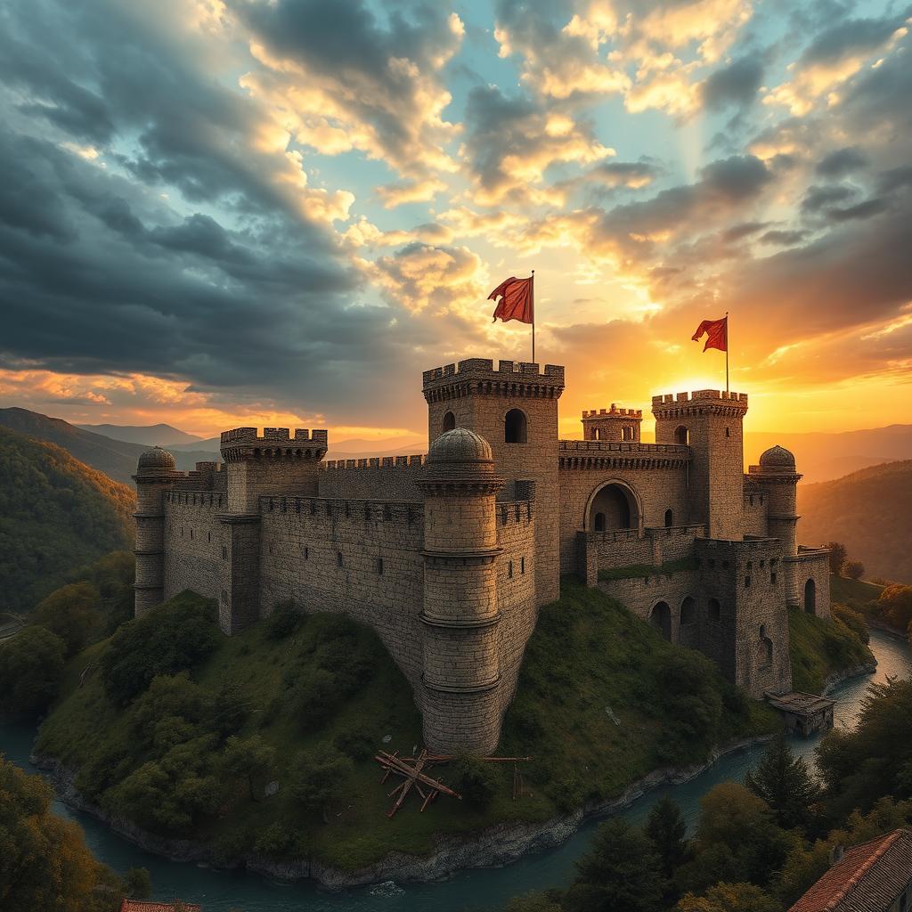 A majestic ancient war fortress set against a dramatic sky, showcasing intricate stone architecture with a blend of Roman and medieval styles