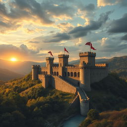 A majestic ancient war fortress set against a dramatic sky, showcasing intricate stone architecture with a blend of Roman and medieval styles