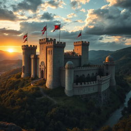 A majestic ancient war fortress set against a dramatic sky, showcasing intricate stone architecture with a blend of Roman and medieval styles