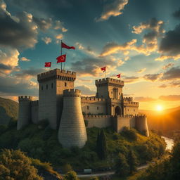 A majestic ancient war fortress set against a dramatic sky, showcasing intricate stone architecture with a blend of Roman and medieval styles