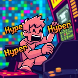 A pixelated figure enthusiastically playing a video game, surrounded by a vibrant gaming environment
