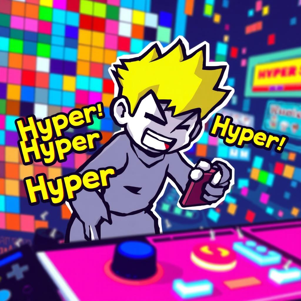 A pixelated figure enthusiastically playing a video game, surrounded by a vibrant gaming environment
