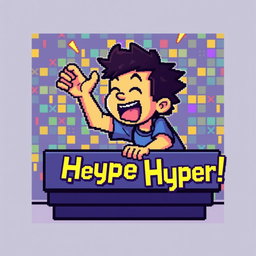 A pixelated figure enthusiastically playing a video game, surrounded by a vibrant gaming environment