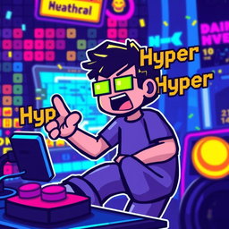 A pixelated figure enthusiastically playing a video game, surrounded by a vibrant gaming environment