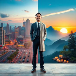 A person standing in a split environment representing both material and spiritual life
