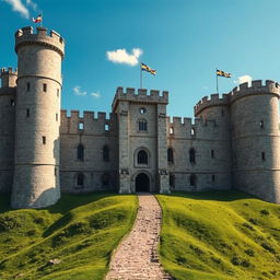 A large ancient war castle, with towering stone walls and majestic battlements, intricately detailed with weathered textures