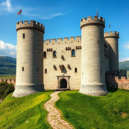 A large ancient war castle, with towering stone walls and majestic battlements, intricately detailed with weathered textures