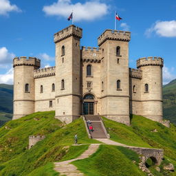 A large ancient war castle, with towering stone walls and majestic battlements, intricately detailed with weathered textures