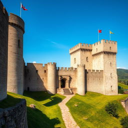 A large ancient war castle, with towering stone walls and majestic battlements, intricately detailed with weathered textures