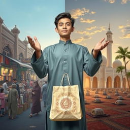 A person embracing a harmonious balance between material and spiritual life in an Islamic context