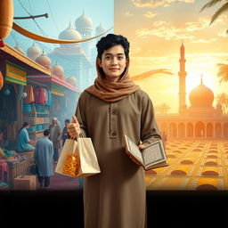 A person embracing a harmonious balance between material and spiritual life in an Islamic context
