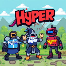 Pixel art illustration of colorful pixelated figures, each engaging in a playful game, representing various characters such as a knight, a wizard, and a robot