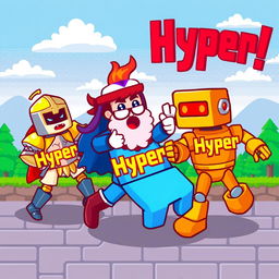 Pixel art illustration of colorful pixelated figures, each engaging in a playful game, representing various characters such as a knight, a wizard, and a robot