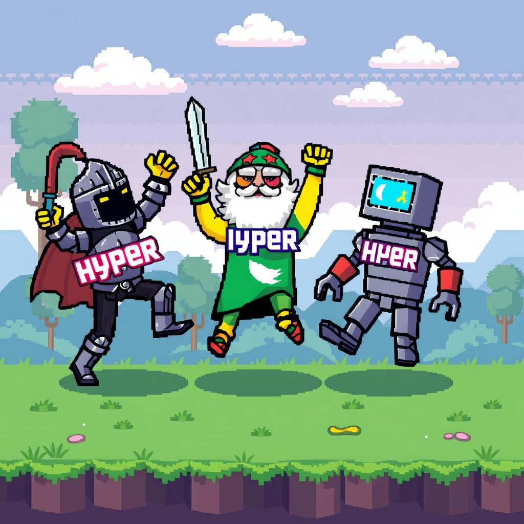 Pixel art illustration of colorful pixelated figures, each engaging in a playful game, representing various characters such as a knight, a wizard, and a robot