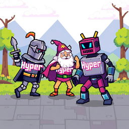 Pixel art illustration of colorful pixelated figures, each engaging in a playful game, representing various characters such as a knight, a wizard, and a robot