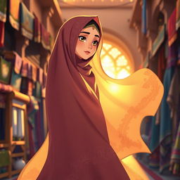 An animated scene showcasing a woman in a full, elegant chador, symbolizing complete modesty in Islamic attire