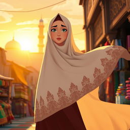 An animated scene showcasing a woman in a full, elegant chador, symbolizing complete modesty in Islamic attire