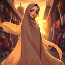 An animated scene showcasing a woman in a full, elegant chador, symbolizing complete modesty in Islamic attire