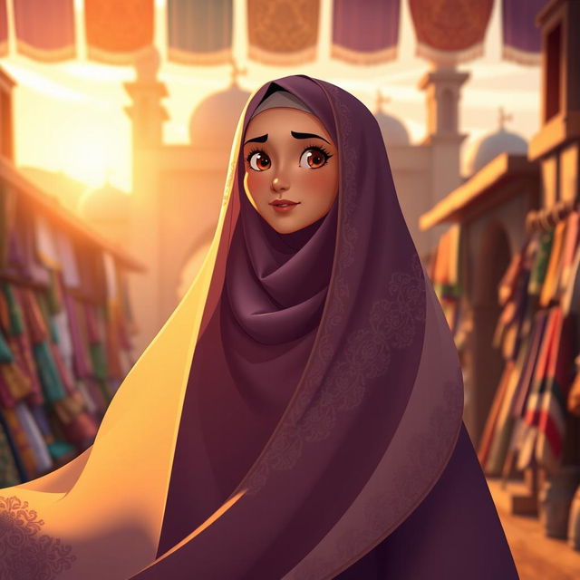 An animated scene showcasing a woman in a full, elegant chador, symbolizing complete modesty in Islamic attire