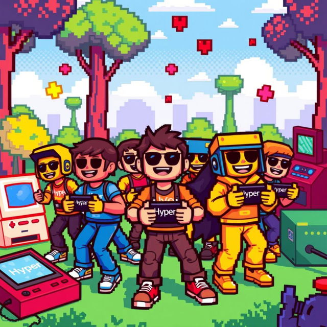A vibrant and colorful pixelated scene featuring several pixelated figures, each joyfully engaged in playing a game