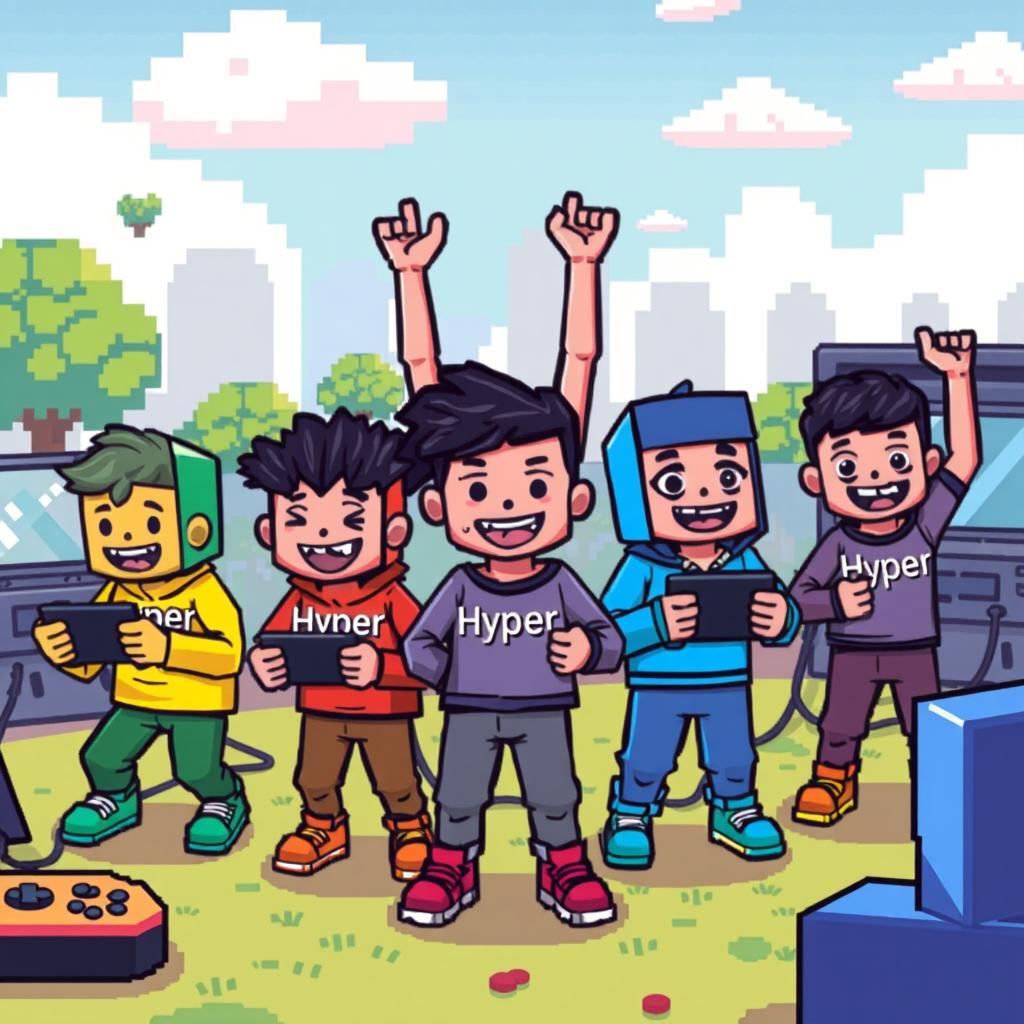 A vibrant and colorful pixelated scene featuring several pixelated figures, each joyfully engaged in playing a game