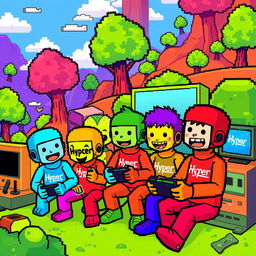 A vibrant and colorful pixelated scene featuring several pixelated figures, each joyfully engaged in playing a game