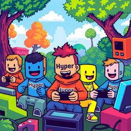 A vibrant and colorful pixelated scene featuring several pixelated figures, each joyfully engaged in playing a game