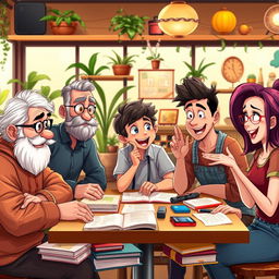 A lively animated scene featuring a group of diverse characters engaged in a spirited discussion