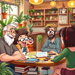 A lively animated scene featuring a group of diverse characters engaged in a spirited discussion