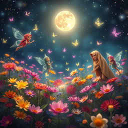 In a magical garden bathed in silvery moonlight, vibrant flowers glow in various colors, illuminating the scene