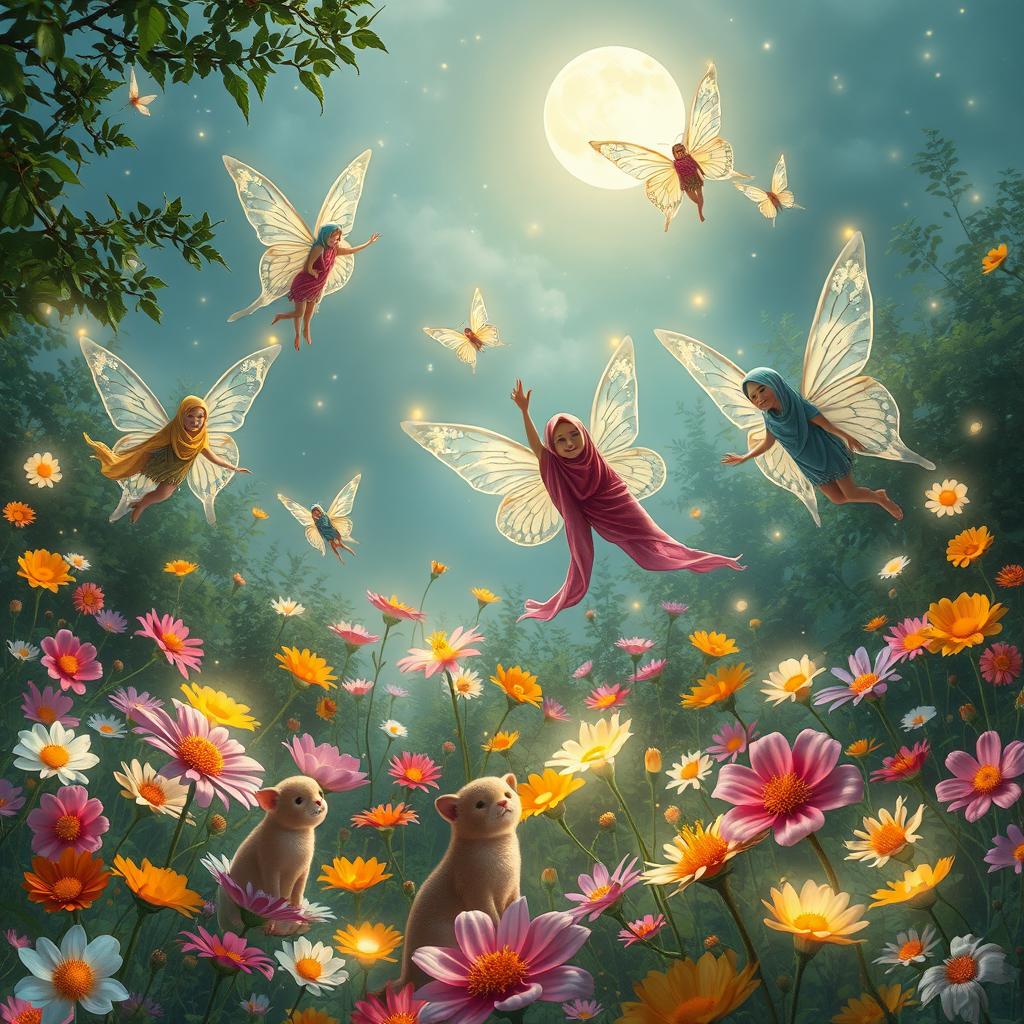 In a magical garden bathed in silvery moonlight, vibrant flowers glow in various colors, illuminating the scene