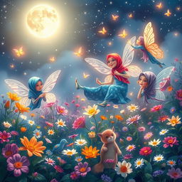 In a magical garden bathed in silvery moonlight, vibrant flowers glow in various colors, illuminating the scene