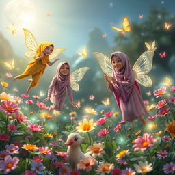 In a magical garden bathed in silvery moonlight, vibrant flowers glow in various colors, illuminating the scene