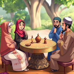 An animated scene depicting a group of diverse characters engaged in a thoughtful discussion, all wearing traditional Islamic attire, including elegant hijabs and chadors