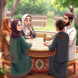 An animated scene depicting a group of diverse characters engaged in a thoughtful discussion, all wearing traditional Islamic attire, including elegant hijabs and chadors