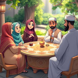 An animated scene depicting a group of diverse characters engaged in a thoughtful discussion, all wearing traditional Islamic attire, including elegant hijabs and chadors